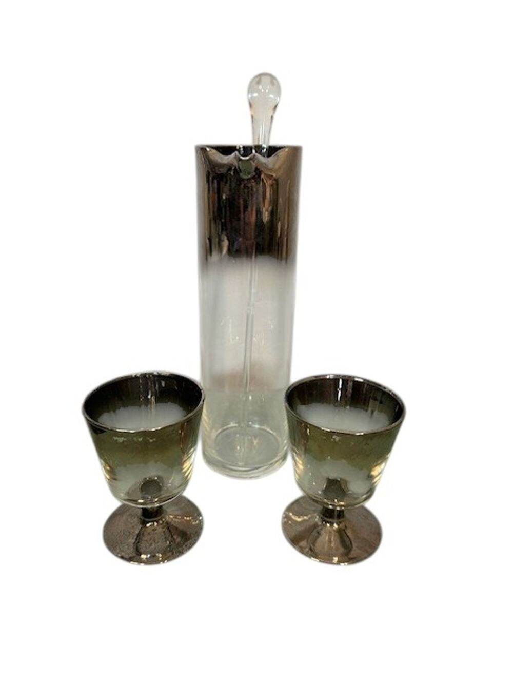 Martini Glassware Set Clear Black Stir Rod Pitcher 2 Glasses VTG Collectible